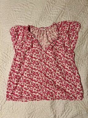 GAP Pink Floral Cap Sleeve Split Neck Blouse